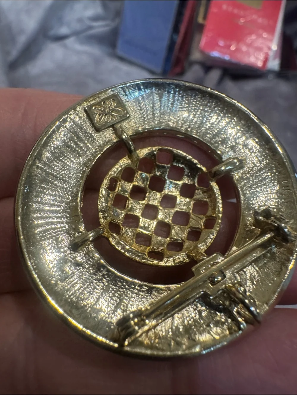 Ernst Bek vintage Lattice Dome Button Accent Burnt Orange Enamel brooch pendant